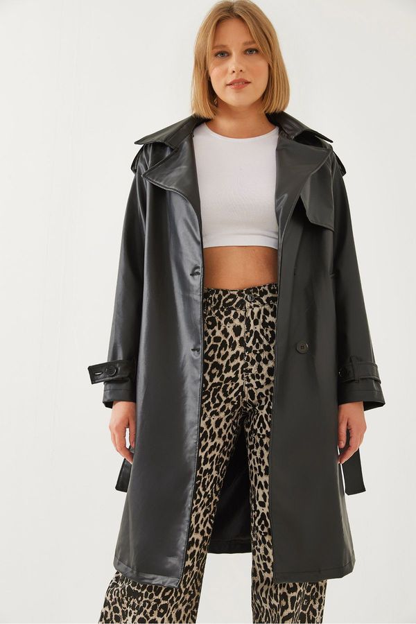 Bianco Lucci Bianco Lucci Women's Front Aller Detail Leather Trench Coat 2432