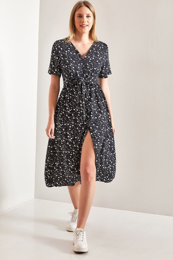 Bianco Lucci Bianco Lucci Women's Front Buttoned Waist Belted Floral Patterned Dress