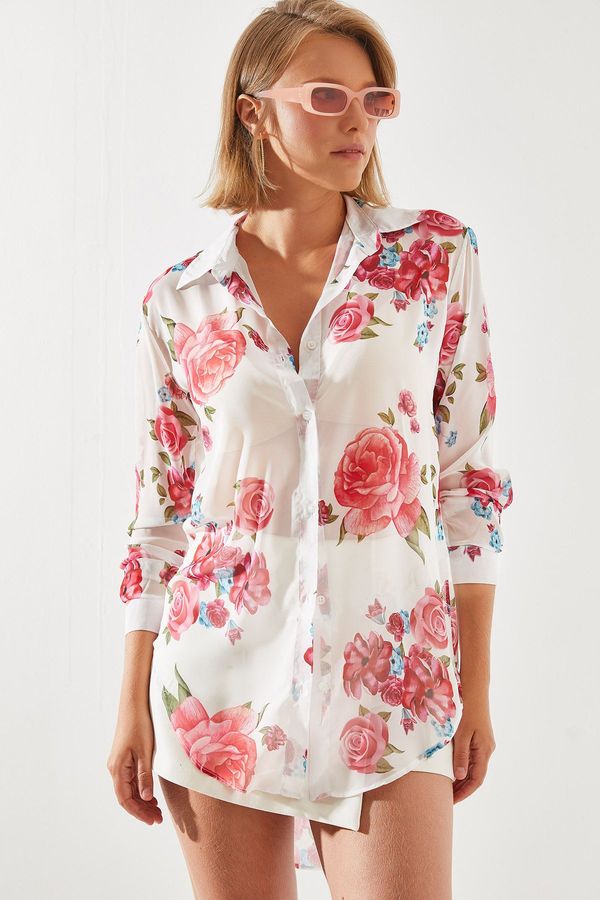 Bianco Lucci Bianco Lucci Women's Front Short Back Long Rose Patterned Tulle Shirt 20103