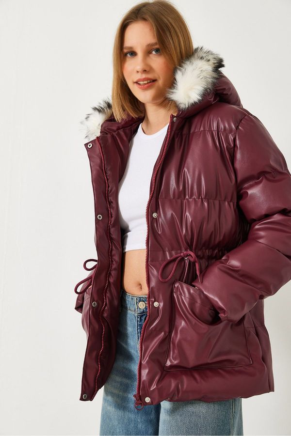 Bianco Lucci Bianco Lucci Women's Furry Hooded Puffer Leather Coat