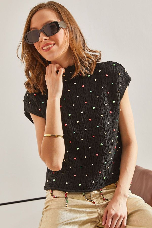 Bianco Lucci Bianco Lucci Women's Hair Braided Stone Embroidered Knitwear Blouse