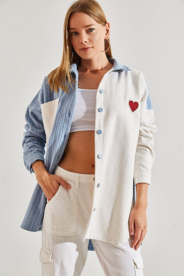 Bianco Lucci Bianco Lucci Women's Heart Embroidered Beaded Double Color Shirt