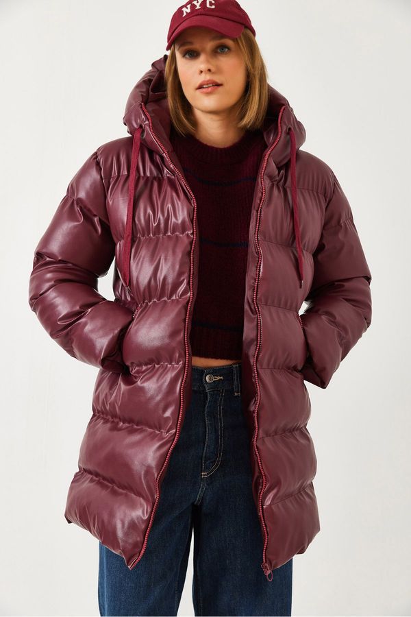 Bianco Lucci Bianco Lucci Women's Hooded Pocket Zipper Leather Long Down Coat 2237