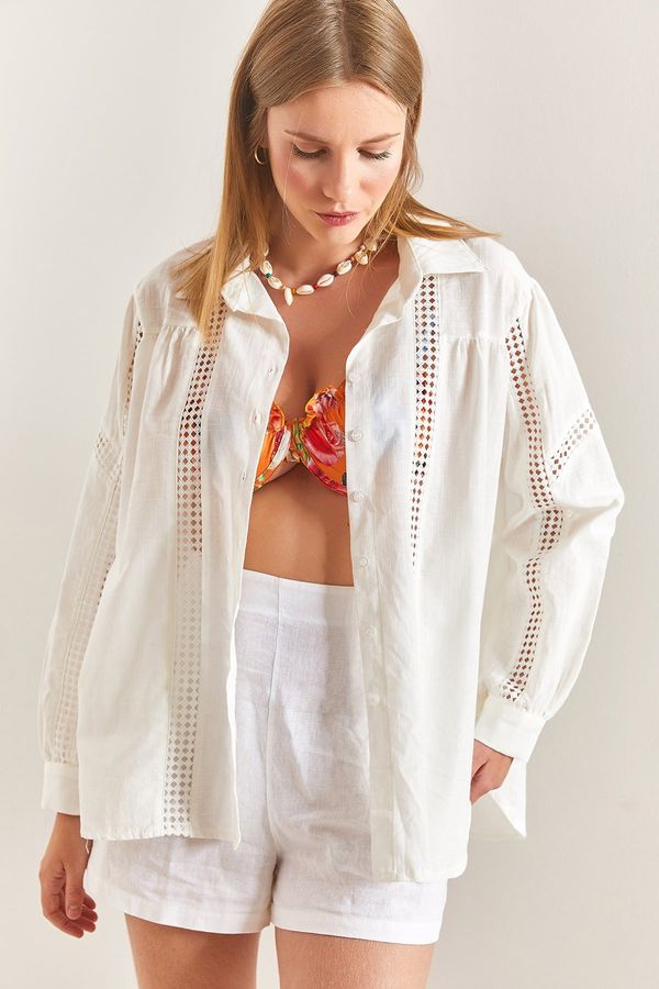 Bianco Lucci Bianco Lucci Women's Lace Patterned Linen Shirt.