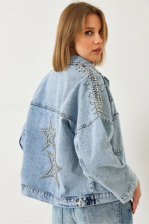 Bianco Lucci Bianco Lucci Women's Lace-Up Denim Jacket with Stone Detail and Pockets