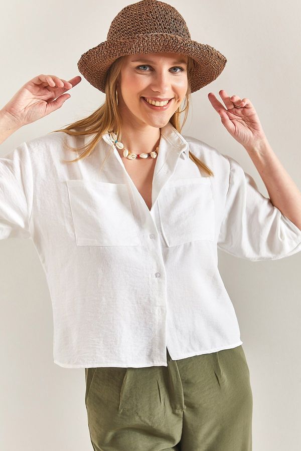 Bianco Lucci Bianco Lucci Women's Large Double Pocket Linen Shirt