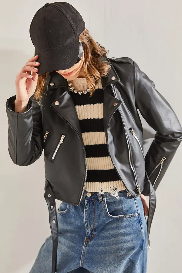Bianco Lucci Bianco Lucci Women's Leather Jacket with Epaulettes, Zippered Sleeves and Belt