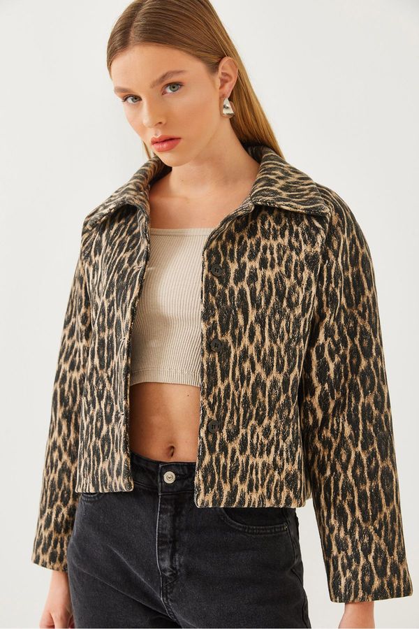 Bianco Lucci Bianco Lucci Women's Leopard Patterned Shirt Collar Cashmere Jacket 2478