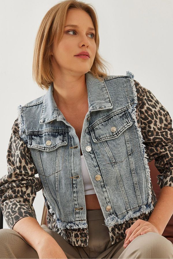Bianco Lucci Bianco Lucci Women's Leopard Piece Denim Jacket 6026