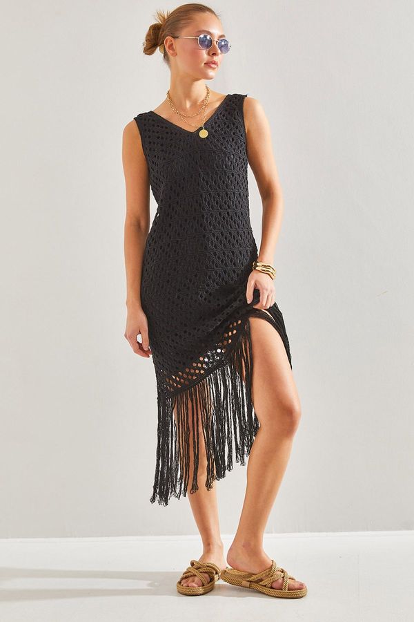 Bianco Lucci Bianco Lucci Women's Openwork Lined Tasseled Knitwear Dress