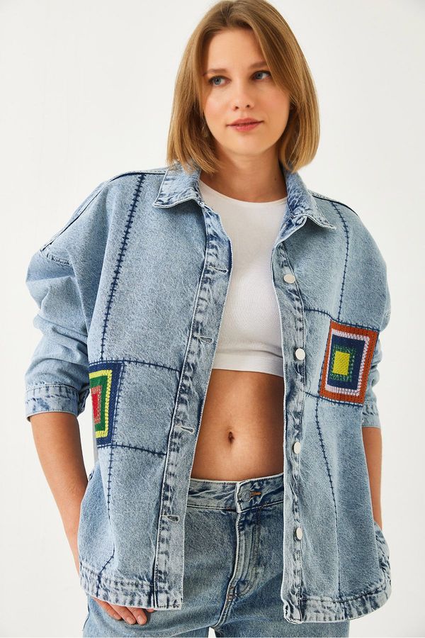 Bianco Lucci Bianco Lucci Women's Oval Cut Denim Jacket with Embroidery Detail