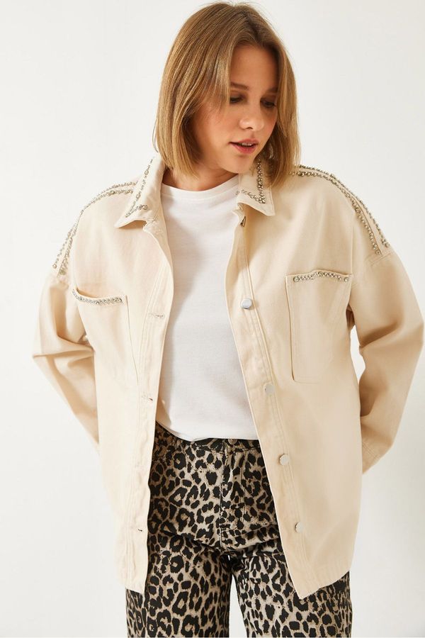 Bianco Lucci Bianco Lucci Women's Oval Cut Jacket with Stones Pocket Detail