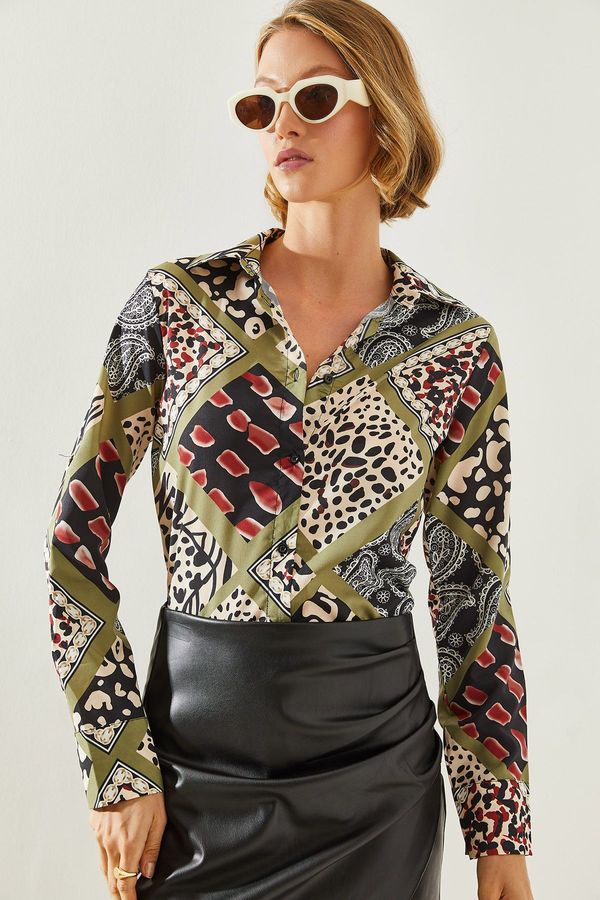 Bianco Lucci Bianco Lucci Women's Patterned Long Sleeve Oversize Fit Cut Viscose Shirt 181149