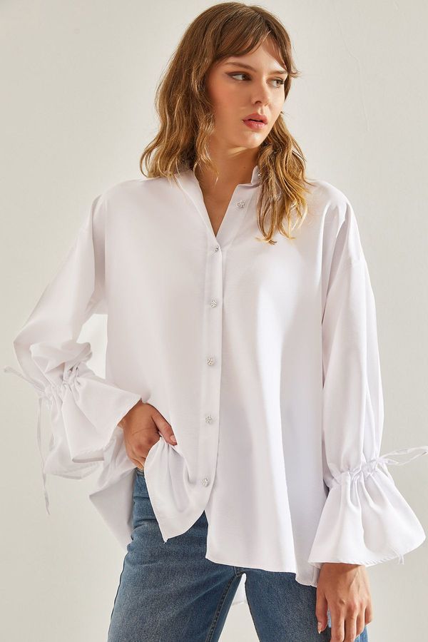 Bianco Lucci Bianco Lucci Women's Pleated Back Detailed Stone Buttoned Sleeve Gathered Shirt