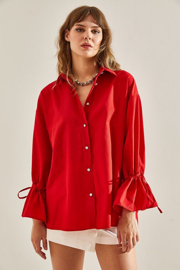 Bianco Lucci Bianco Lucci Women's Pleated Back Detailed Stone Buttoned Sleeve Gathered Shirt