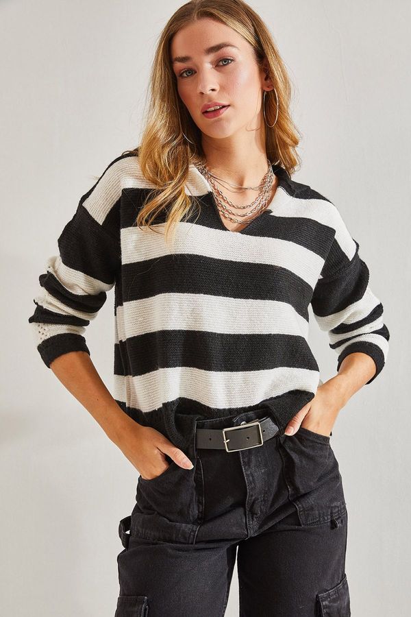 Bianco Lucci Bianco Lucci Women's Polo Neck Striped Sweater