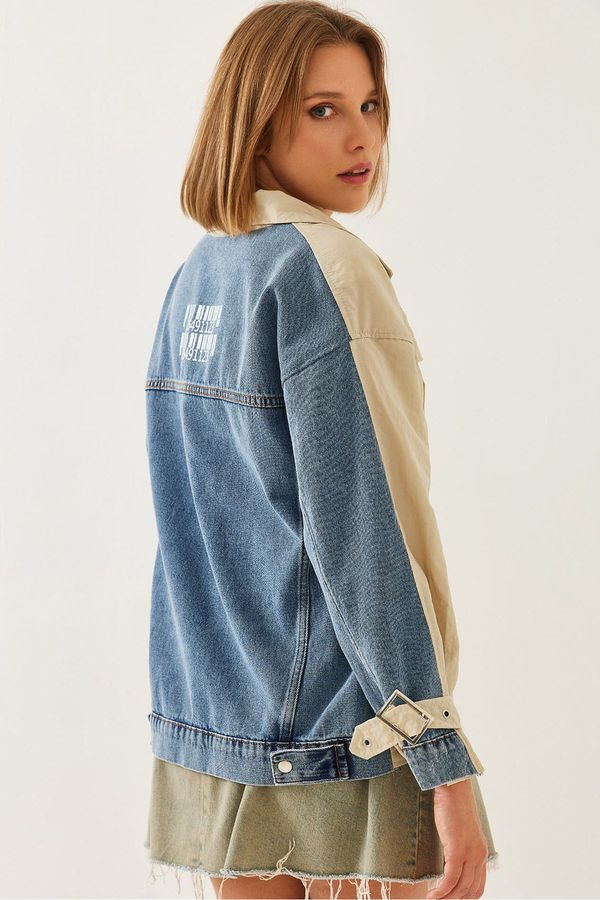 Bianco Lucci Bianco Lucci Women's Print Detail Garnished Denim Jacket 2440