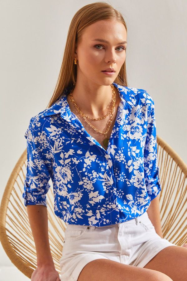 Bianco Lucci Bianco Lucci Women's Sleeve Folded Patterned Viscose Shirt