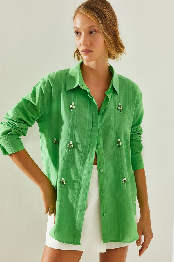 Bianco Lucci Bianco Lucci Women's Stone Pearl Embroidered Oversize Shirt 5916