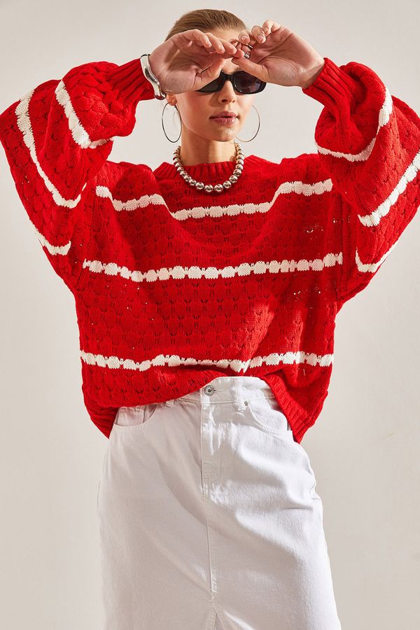 Bianco Lucci Bianco Lucci Women's Striped Balloon Sleeve Honeycomb Knitted Sweater