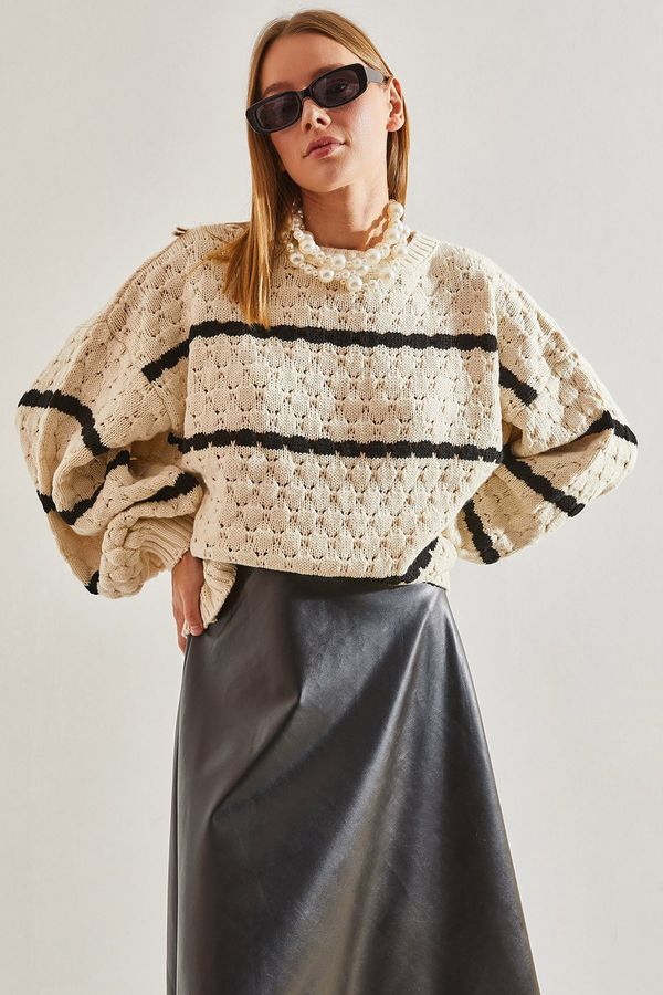 Bianco Lucci Bianco Lucci Women's Striped Balloon Sleeve Honeycomb Knitted Sweater