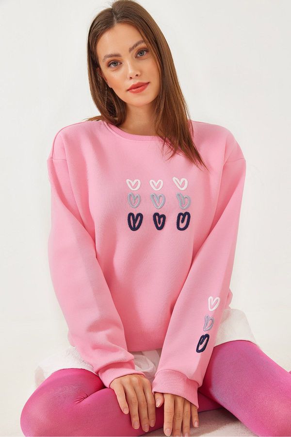 Bianco Lucci Bianco Lucci Women's Three Thread Raised Heart Printed Sweatshirt