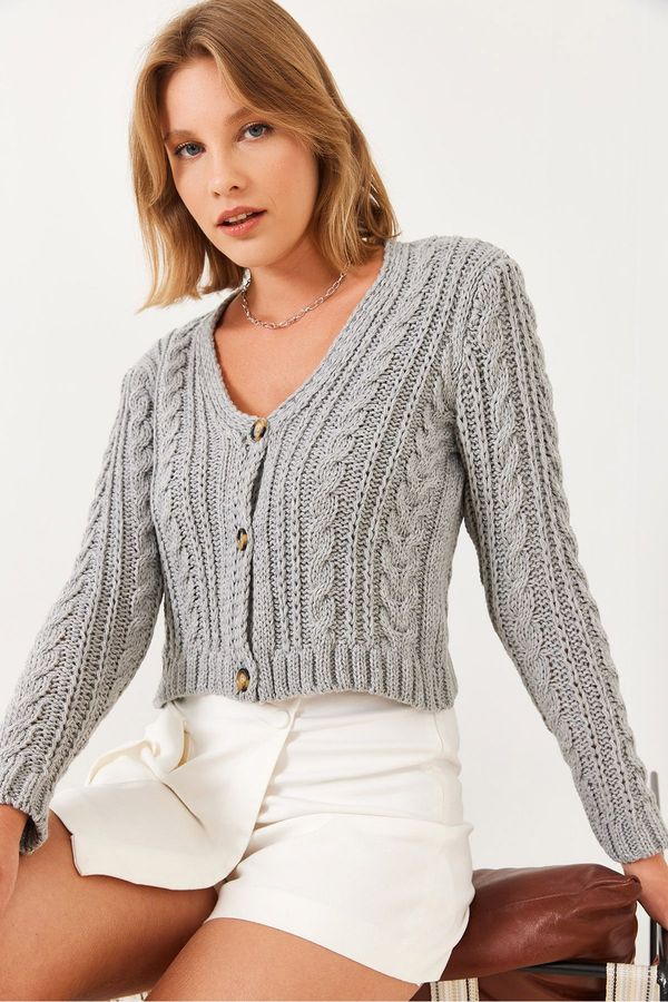 Bianco Lucci Bianco Lucci Women's V-Neck Hair Braided Knitwear Cardigan