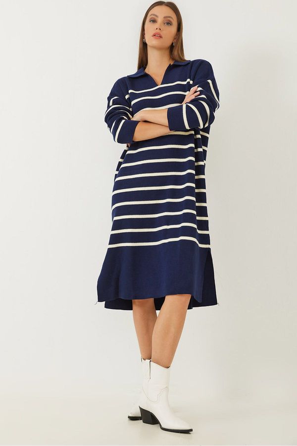 Bianco Lucci Bianco Lucci Women's V-Neck Striped Knitwear Dress with Side Slits