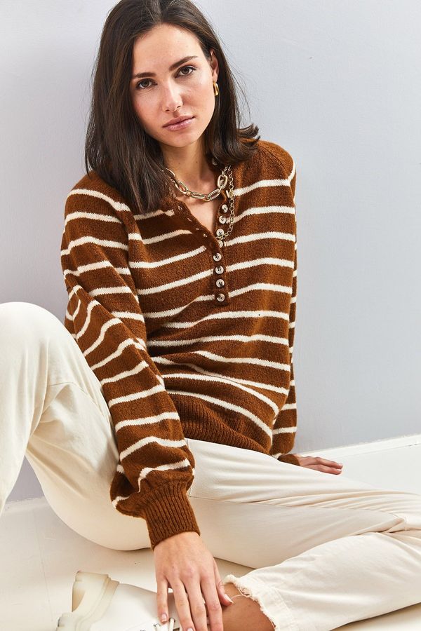 Bianco Lucci Bianco Lucci жените бутон надолу яка поло раирани трикотаж пуловер