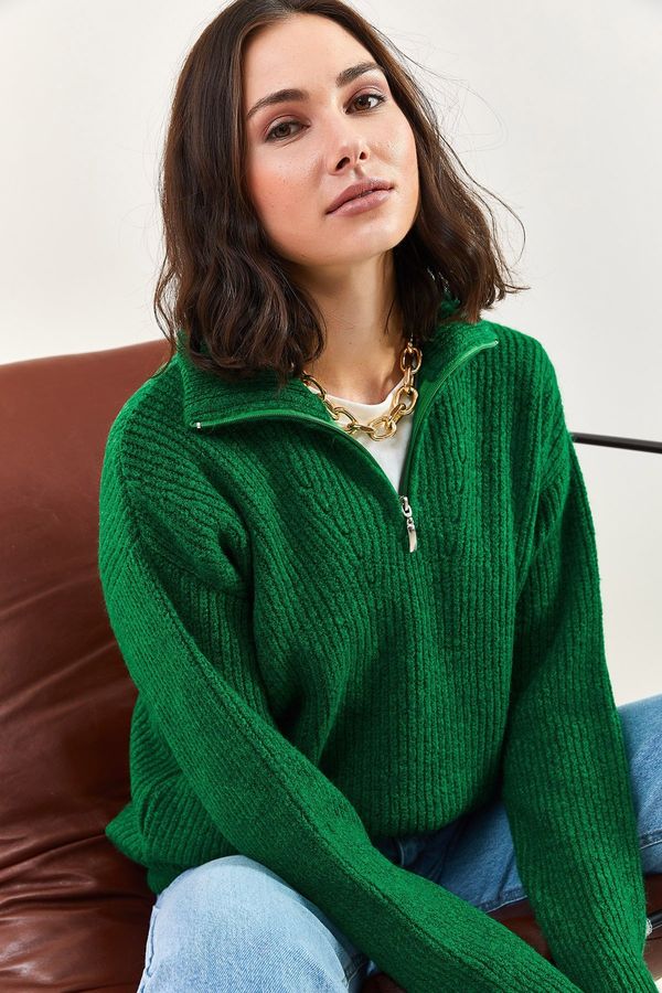 Bianco Lucci Bianco Lucci жените с цип Поло извънгабаритни трикотаж пуловер