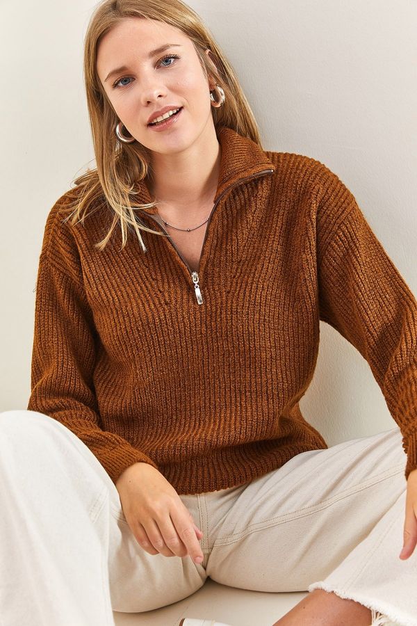 Bianco Lucci Bianco Lucci жените с цип Поло извънгабаритни трикотаж пуловер