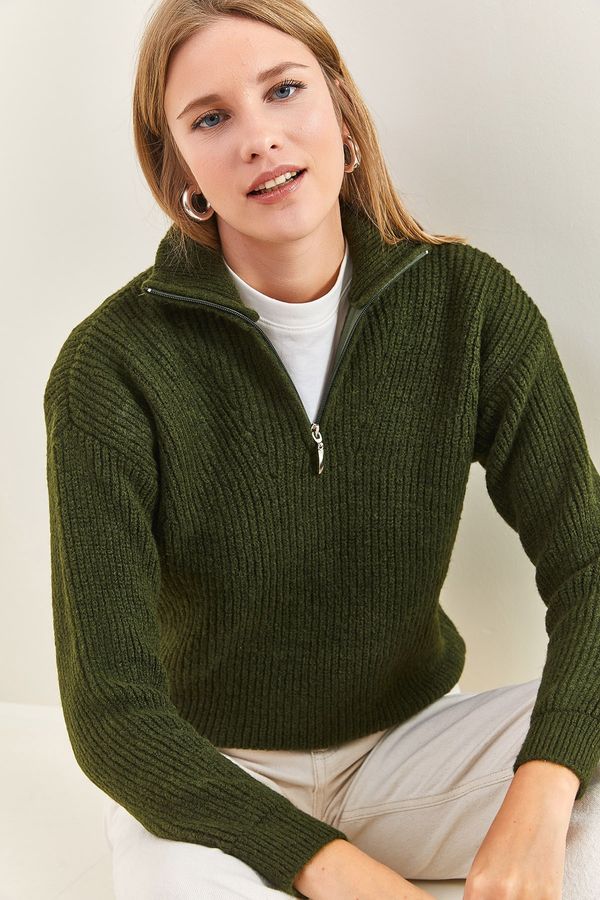 Bianco Lucci Bianco Lucci жените с цип Поло извънгабаритни трикотаж пуловер