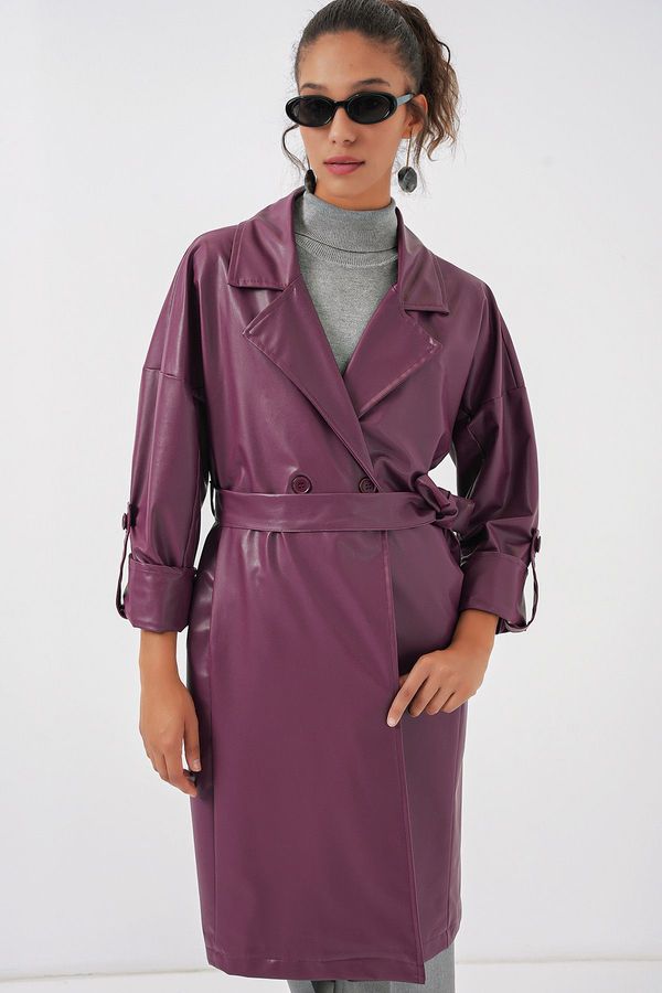 Bigdart Bigdart 1034 Belted Faux Leather Trench Coat - Plum