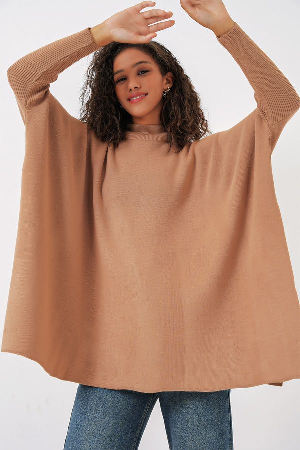 Bigdart Bigdart 15783 Slit Poncho Sweater - Biscuit