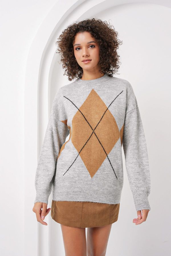 Bigdart Bigdart 15895 Oversize Knitted Sweater with Diamond Pattern - Gray