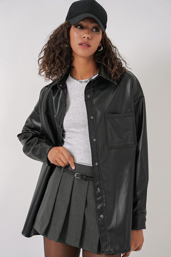 Bigdart Bigdart 20134 Oversize Faux Leather Shirt - Black
