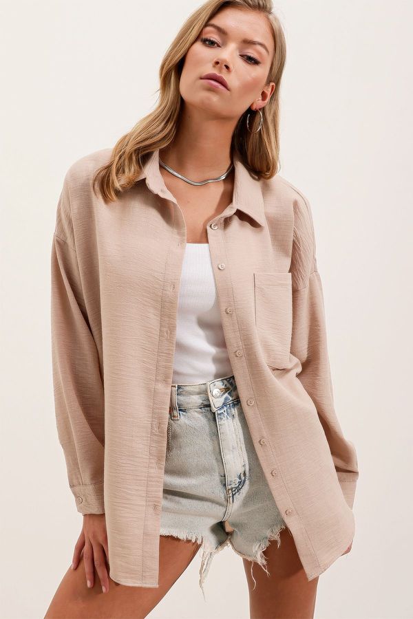 Bigdart Bigdart 20153 Single Pocket Oversize Linen Shirt - Beige