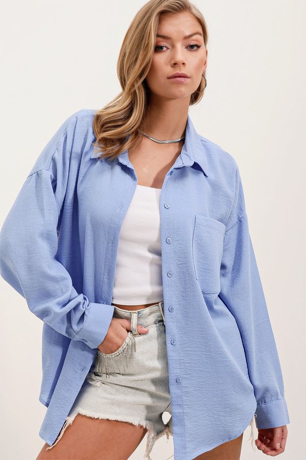 Bigdart Bigdart 20153 Single Pocket Oversized Linen Shirt - Blue