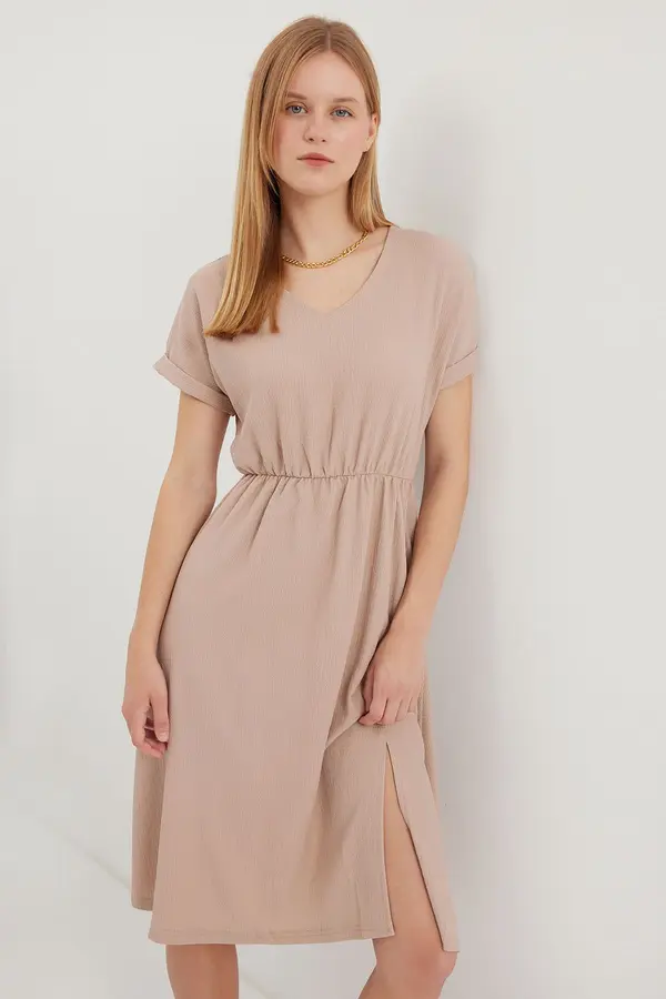 Bigdart Bigdart 2378 V Neck Slit Knitted Dress - Biscuit