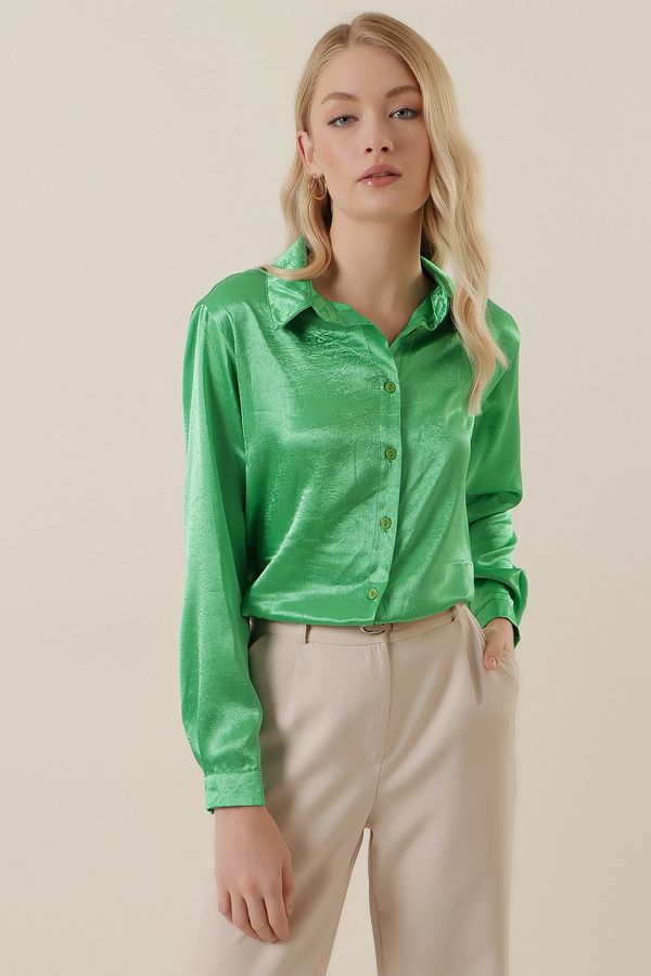 Bigdart Bigdart 3964 Lightly Flowy Satin Shirt - Dark Green