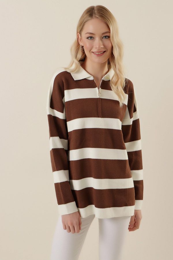 Bigdart Bigdart 4512 Striped Oversized Sweater - Brown