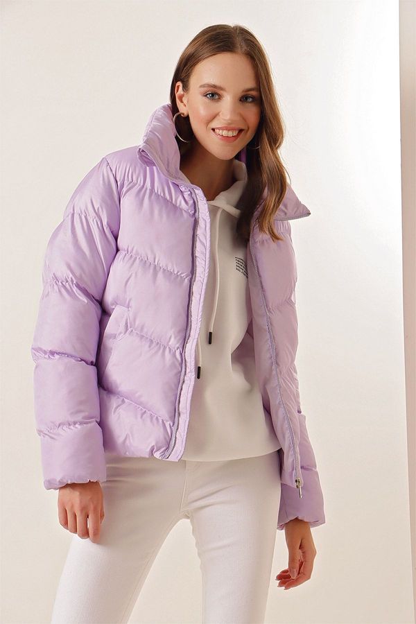 Bigdart Bigdart 5205 Stand Collar Zippered Puffer Jacket - Lilac