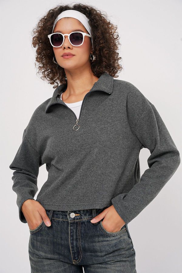 Bigdart Bigdart 55449 Zipper Collar Knitted Sweatshirt - Anthracite