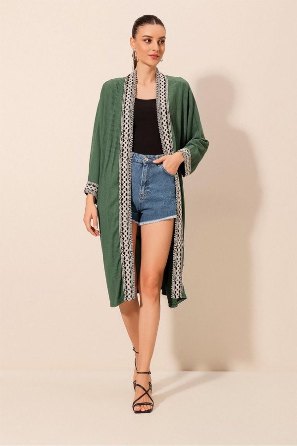 Bigdart Bigdart 5865 Embroidered Knitted Long Kimono - Emerald Green