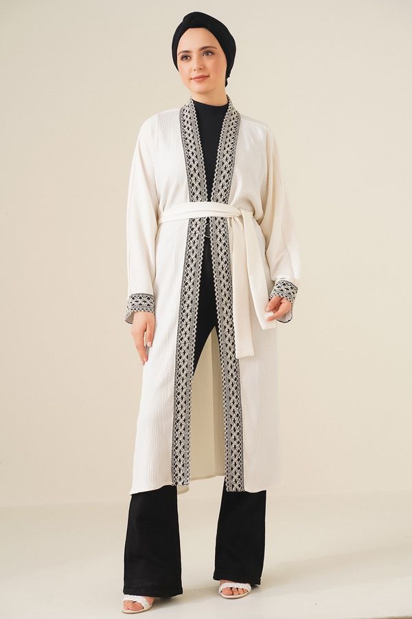 Bigdart Bigdart 5865 Knitted Long Kimono with Embroidery - White