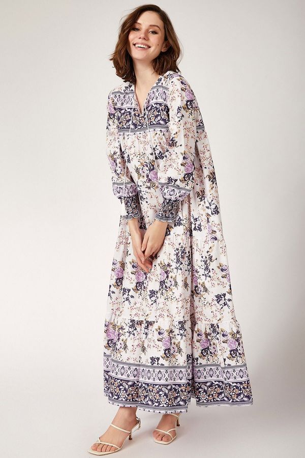 Bigdart Bigdart Дамска лилава флорална рокля с плисирани ръкави, иго 1947 1947 hpd19.