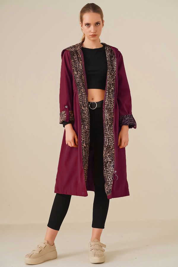 Bigdart Bigdart Waist Drawstring Hooded Trench Coat - Claret Red