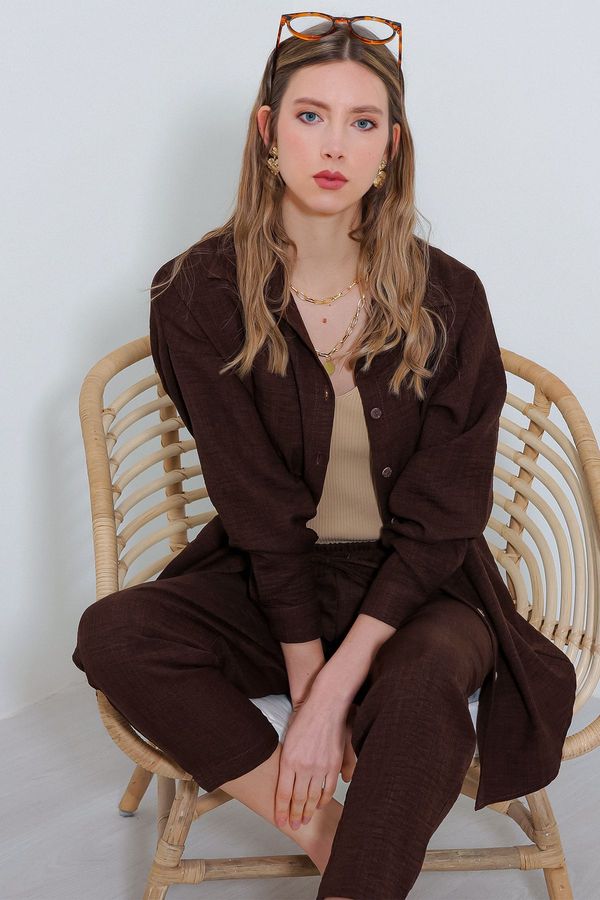 Bigdart Bigdart Women's Brown Oversize Linen Bottom Top Set 6622