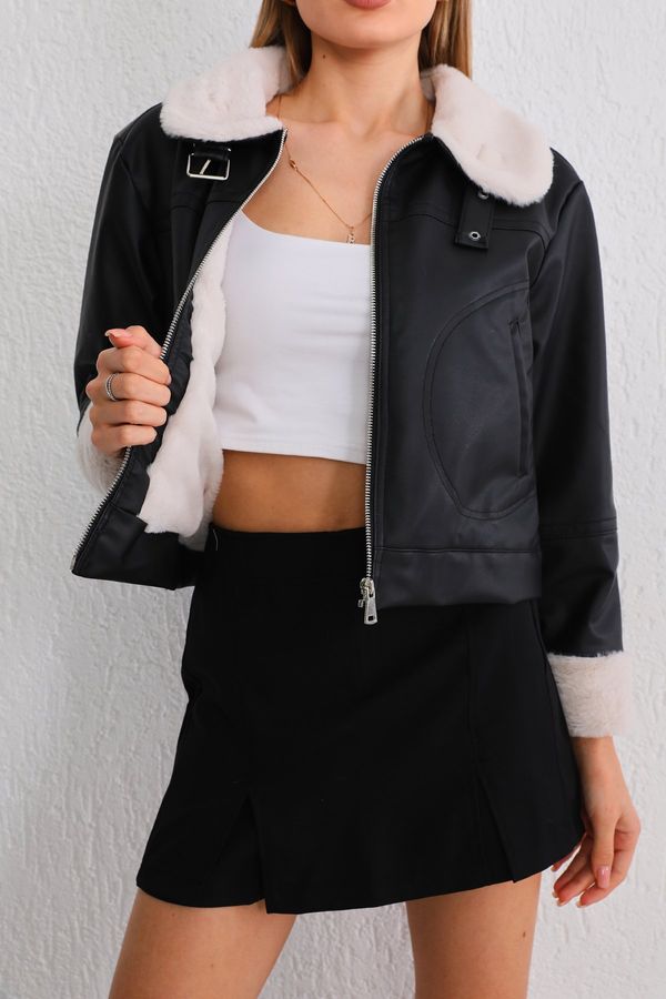 BİKELİFE BİKELİFE Дамски черен копринен кожен палто яка изкривени ръкав кожа детайл кожено палто