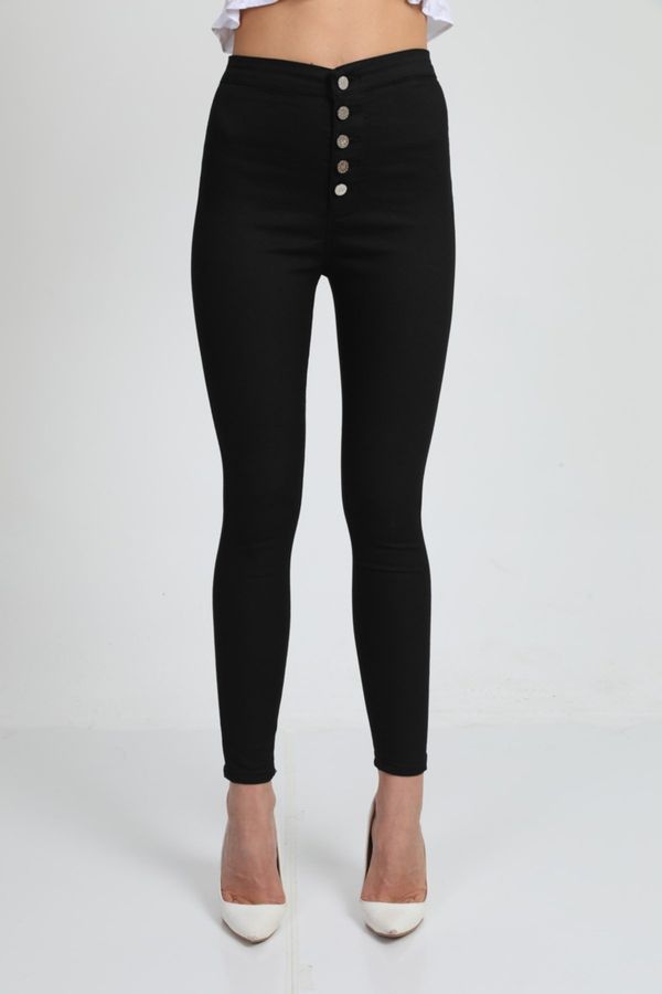 BİKELİFE BİKELİFE Дамски черни висока талия кльощава крак закопчани гамаши панталони